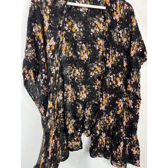 American Eagle Boho Floral Ruffle Kimono Cardigan One Size Black Pink - Picture 4 of 16